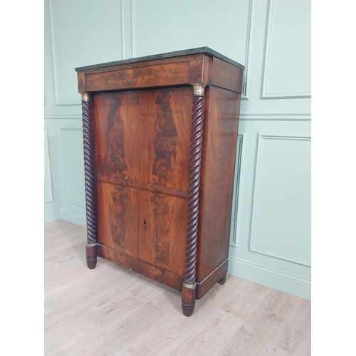 1097 - 19th C. flamed mahogany Biedermeier bureau chest with marble top and barley twist columns {150 cm H ... 