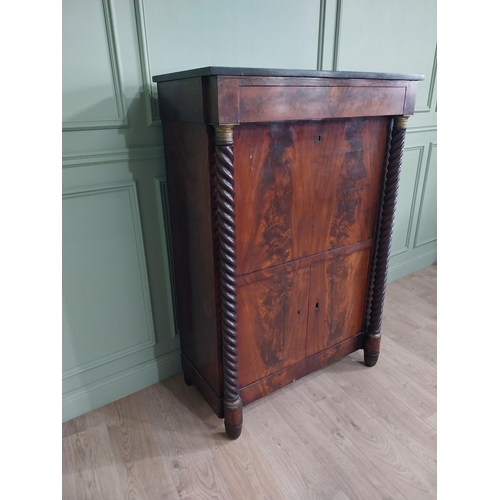 1097 - 19th C. flamed mahogany Biedermeier bureau chest with marble top and barley twist columns {150 cm H ... 