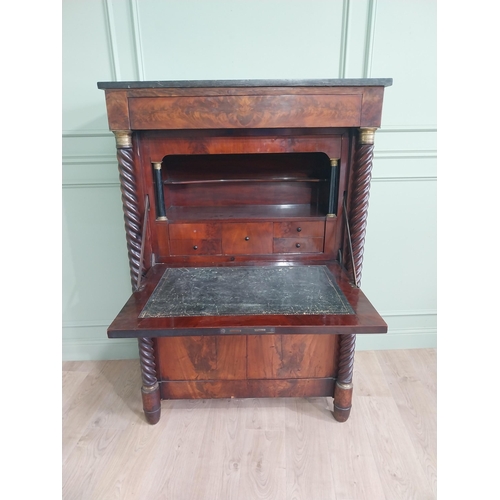 1097 - 19th C. flamed mahogany Biedermeier bureau chest with marble top and barley twist columns {150 cm H ... 