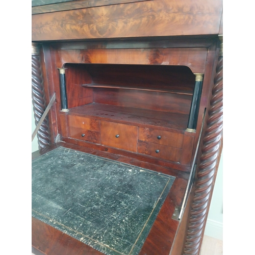 1097 - 19th C. flamed mahogany Biedermeier bureau chest with marble top and barley twist columns {150 cm H ... 