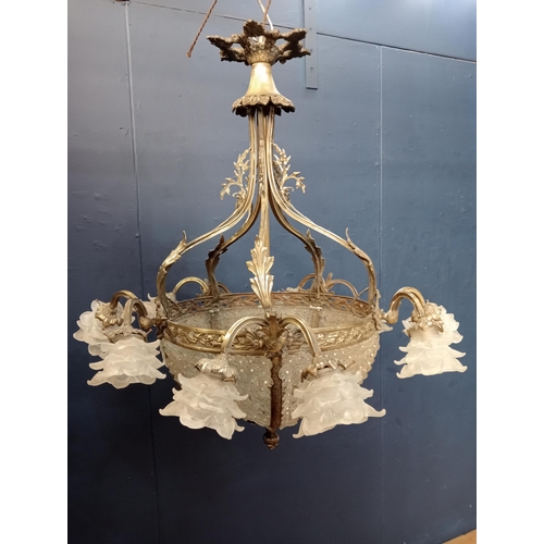 110 - Brass and glass ten branch thirteen lamp chandelier decorated with accantius leafs {H 100cm x Dia 90... 