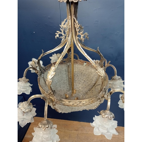 110 - Brass and glass ten branch thirteen lamp chandelier decorated with accantius leafs {H 100cm x Dia 90... 