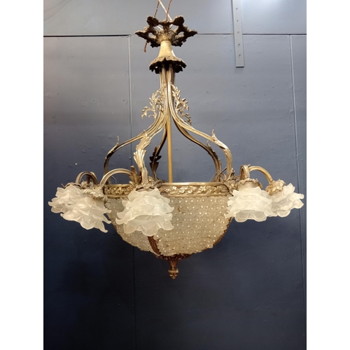 110 - Brass and glass ten branch thirteen lamp chandelier decorated with accantius leafs {H 100cm x Dia 90... 