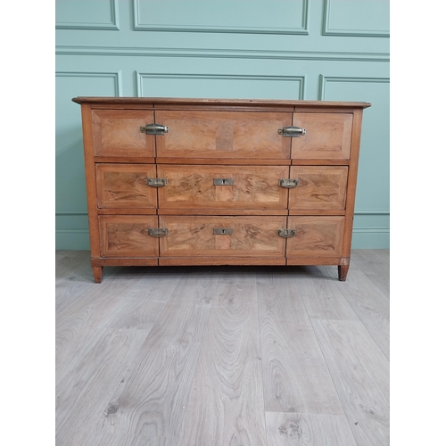 1104 - 19th C. French walnut chest of drawers with three long drawers and brass handles raised on square ta... 