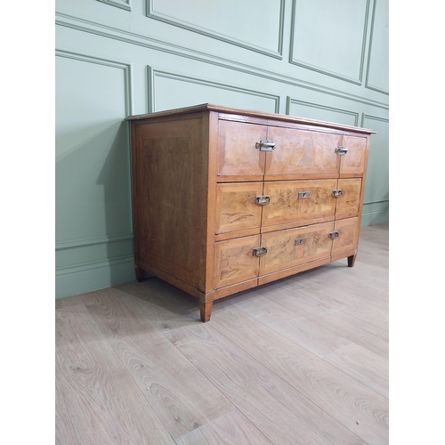 1104 - 19th C. French walnut chest of drawers with three long drawers and brass handles raised on square ta... 