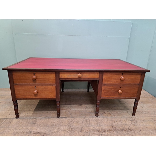 1105 - Mahogany partners desk with inset leather top raised on turned legs  {H76cm x W193cm x D 99cm }. - N... 