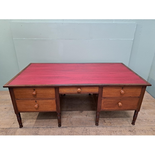 1105 - Mahogany partners desk with inset leather top raised on turned legs  {H76cm x W193cm x D 99cm }. - N... 