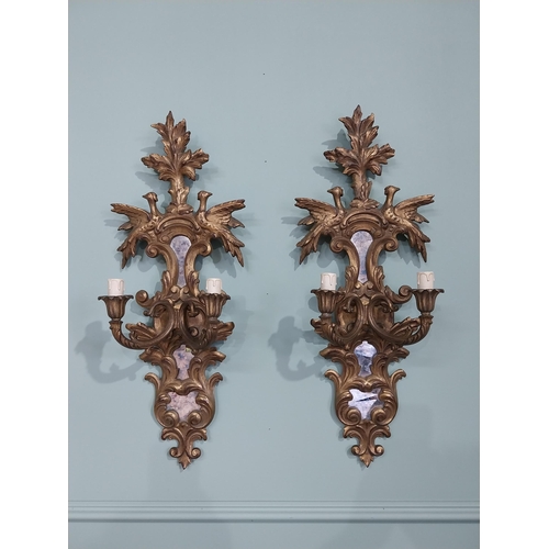 111 - Pair of good quality giltwood wall sconces decorated with Hoho birds {69 cm H x 26 cm W x 14 cm D}.