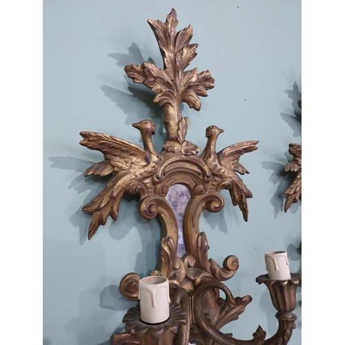 111 - Pair of good quality giltwood wall sconces decorated with Hoho birds {69 cm H x 26 cm W x 14 cm D}.