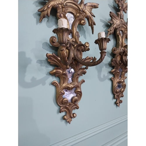 111 - Pair of good quality giltwood wall sconces decorated with Hoho birds {69 cm H x 26 cm W x 14 cm D}.