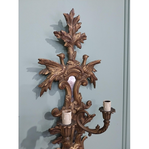 111 - Pair of good quality giltwood wall sconces decorated with Hoho birds {69 cm H x 26 cm W x 14 cm D}.