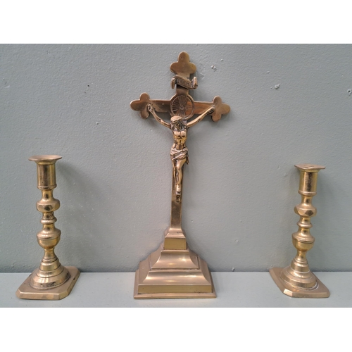 1113 - French brass alter crucifix cross and two candlesticks  {Cross H 32cm x W 14cm x D 7cm Candle sticks... 