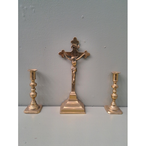 1113 - French brass alter crucifix cross and two candlesticks  {Cross H 32cm x W 14cm x D 7cm Candle sticks... 