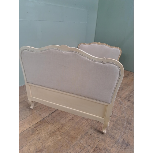 1121 - French cream linen upholstered bed with side rails  {H 104cm x W 120cm x D 215cm }. - NOT AVAILABLE ... 