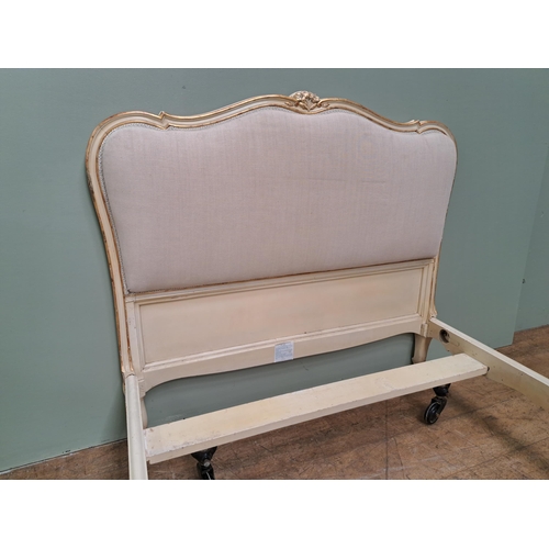 1121 - French cream linen upholstered bed with side rails  {H 104cm x W 120cm x D 215cm }. - NOT AVAILABLE ... 