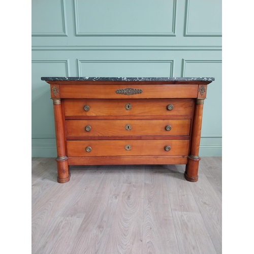 1127 - 19th C. French walnut chest of drawers with marble top, ormolu mounts with four long drawers flanked... 