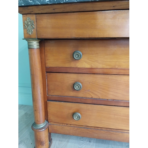 1127 - 19th C. French walnut chest of drawers with marble top, ormolu mounts with four long drawers flanked... 