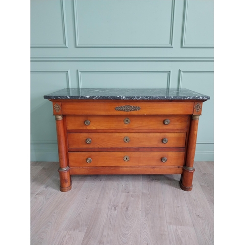 1127 - 19th C. French walnut chest of drawers with marble top, ormolu mounts with four long drawers flanked... 