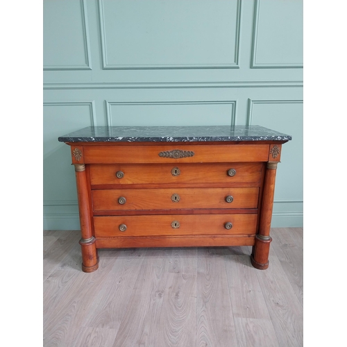 1127 - 19th C. French walnut chest of drawers with marble top, ormolu mounts with four long drawers flanked... 