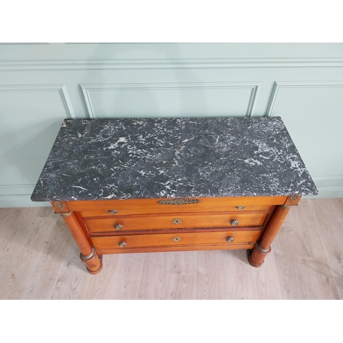 1127 - 19th C. French walnut chest of drawers with marble top, ormolu mounts with four long drawers flanked... 