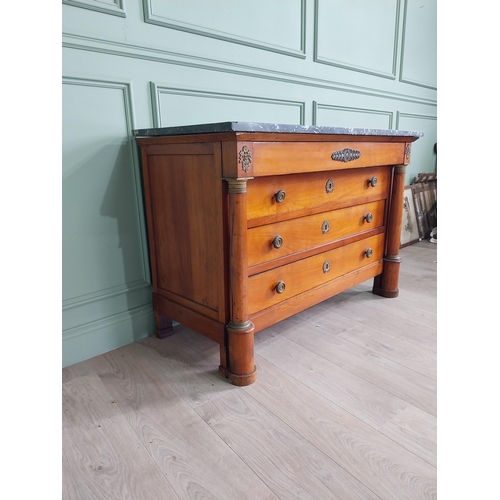 1127 - 19th C. French walnut chest of drawers with marble top, ormolu mounts with four long drawers flanked... 