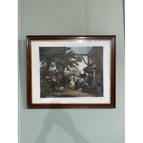 1129 - Pair of 19th C. Returning From Market and The Happy Cottagers coloured print mounted in oak frames {... 