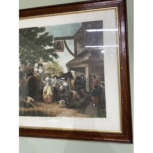 1129 - Pair of 19th C. Returning From Market and The Happy Cottagers coloured print mounted in oak frames {... 