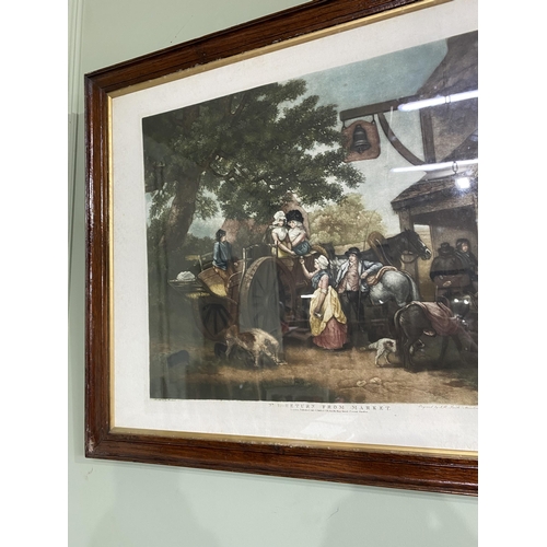 1129 - Pair of 19th C. Returning From Market and The Happy Cottagers coloured print mounted in oak frames {... 