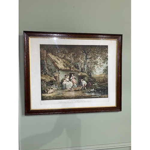 1129 - Pair of 19th C. Returning From Market and The Happy Cottagers coloured print mounted in oak frames {... 