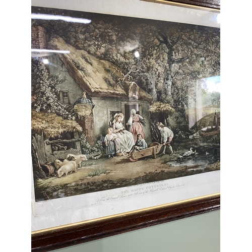 1129 - Pair of 19th C. Returning From Market and The Happy Cottagers coloured print mounted in oak frames {... 