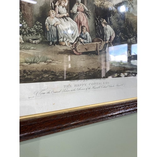 1129 - Pair of 19th C. Returning From Market and The Happy Cottagers coloured print mounted in oak frames {... 