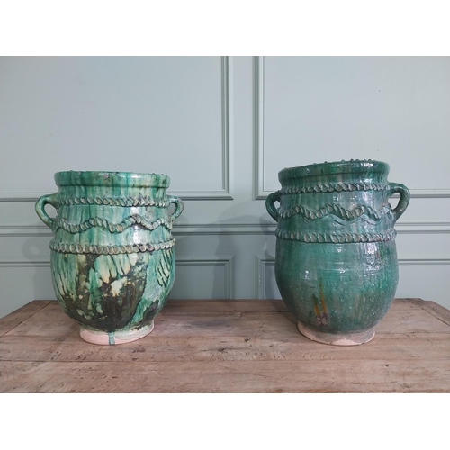 1131 - Pair of rare early 20th C. Tamegroute glazed terracotta urns {49 cm H x 41 cm Dia. and 47 cm H x 43 ... 