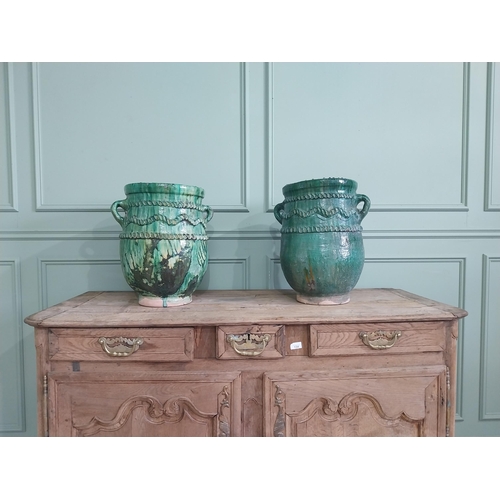 1131 - Pair of rare early 20th C. Tamegroute glazed terracotta urns {49 cm H x 41 cm Dia. and 47 cm H x 43 ... 