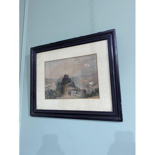 1139 - 19th C. Mountain scene coloured print mounted in ebonised frame {52 cm H x 64 cm W}.