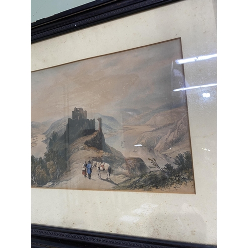 1139 - 19th C. Mountain scene coloured print mounted in ebonised frame {52 cm H x 64 cm W}.