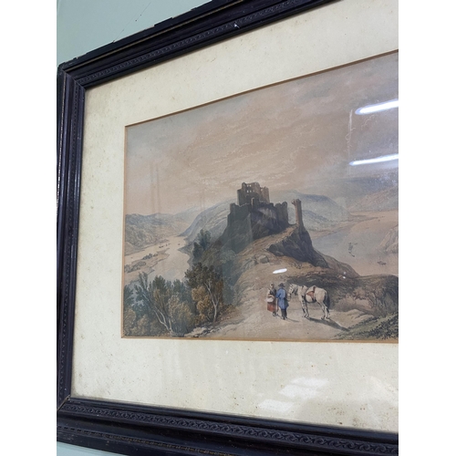 1139 - 19th C. Mountain scene coloured print mounted in ebonised frame {52 cm H x 64 cm W}.