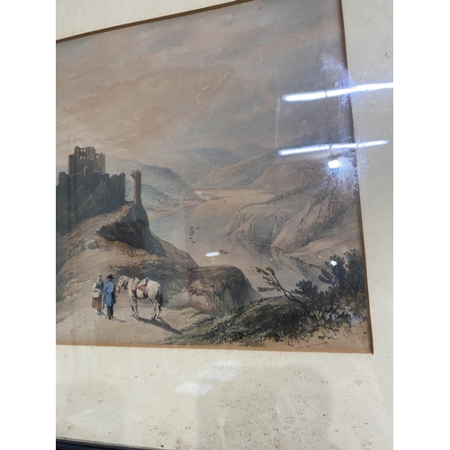 1139 - 19th C. Mountain scene coloured print mounted in ebonised frame {52 cm H x 64 cm W}.