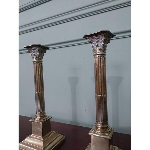 115 - Neat pair of early 19th C. brass Corinthian topped candlesticks {Approx. 29 cm H x 10 cm Dia.}.