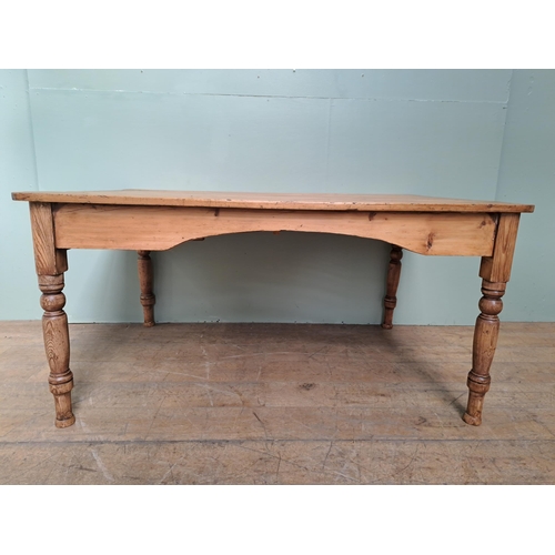 1153 - Fruitwood kitchen table with single drawer in the frieze raised on turned legs  {H 74cm x W 152cm x ... 