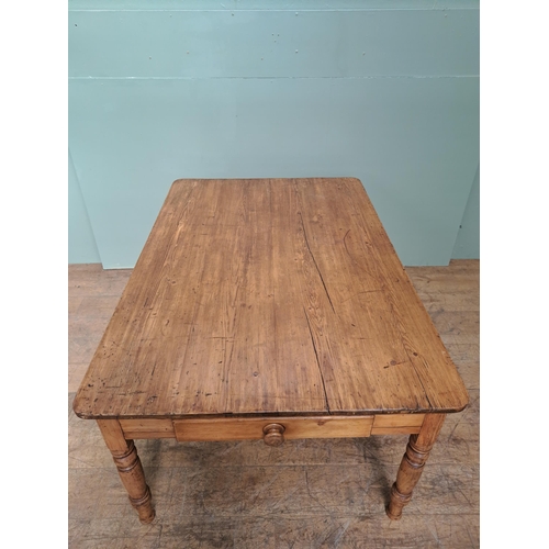 1153 - Fruitwood kitchen table with single drawer in the frieze raised on turned legs  {H 74cm x W 152cm x ... 