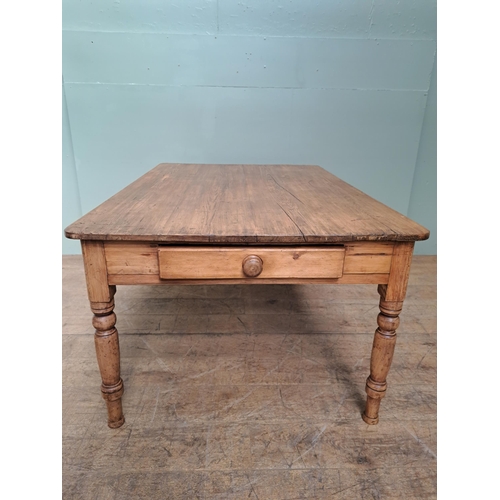 1153 - Fruitwood kitchen table with single drawer in the frieze raised on turned legs  {H 74cm x W 152cm x ... 