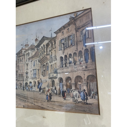 1157 - 19th C. Venetian scene coloured print mounted in painted pine frame {51 cm H x 63 cm W}.