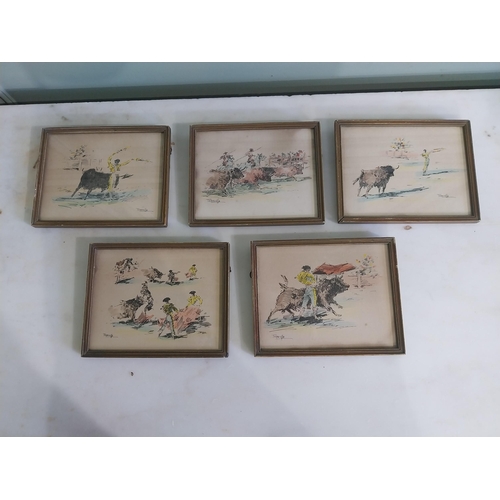 1164 - Set of five early 20th C. Spanish full fighting coloured prints mounted in gilt frames signed Terrve... 