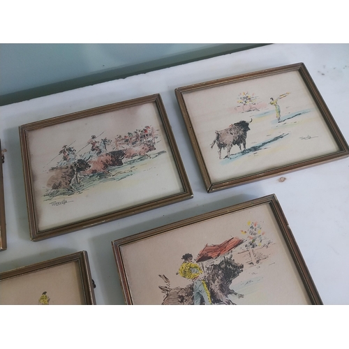 1164 - Set of five early 20th C. Spanish full fighting coloured prints mounted in gilt frames signed Terrve... 