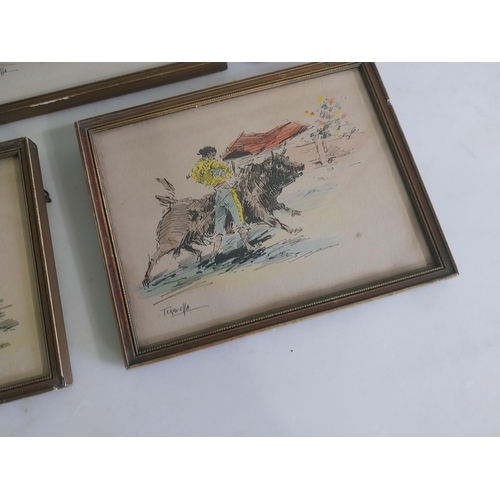 1164 - Set of five early 20th C. Spanish full fighting coloured prints mounted in gilt frames signed Terrve... 