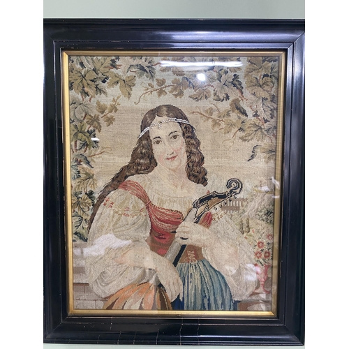 117 - 19th C. maiden tapestry mounted in ebonised frame {47 cm H x 39 cm W}.