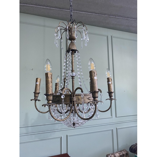 1174 - Good quality gilded metal French six branch chandelier with cut glass droplets {70 cm H x 51 cm Dia.... 