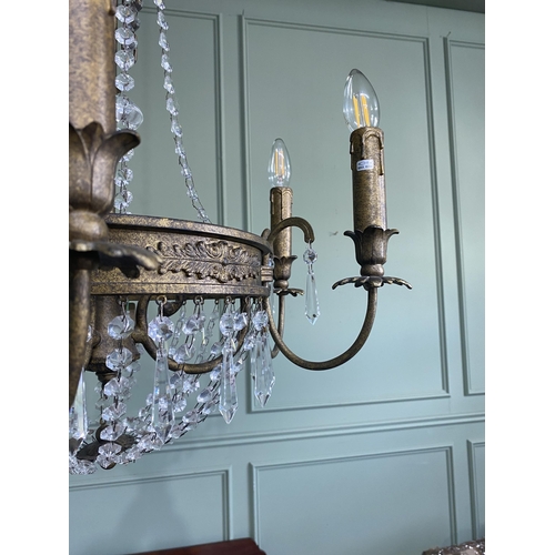 1174 - Good quality gilded metal French six branch chandelier with cut glass droplets {70 cm H x 51 cm Dia.... 