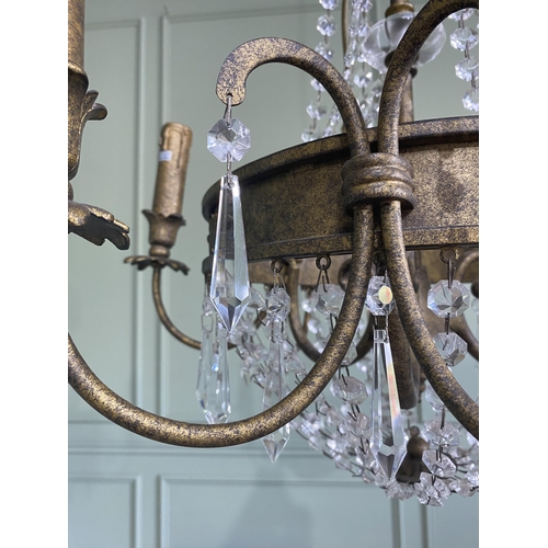 1174 - Good quality gilded metal French six branch chandelier with cut glass droplets {70 cm H x 51 cm Dia.... 