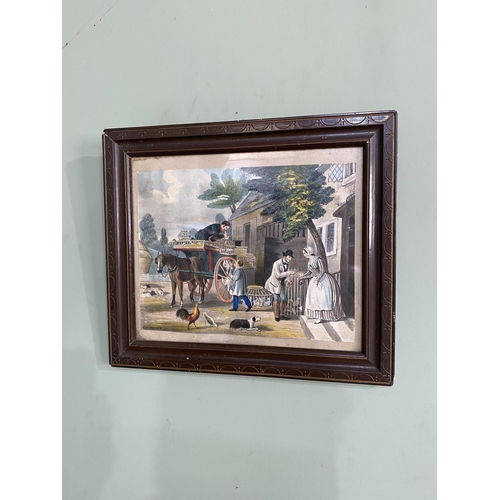 1181 - Early 20th C. Market Scene coloured print mounted in mahogany frame {31 cm H x 36 cm W}.